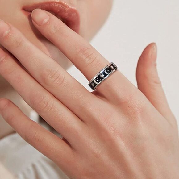 316L Stainless Silver Sun Moon & Stars Fidget Anxiety Stress Relieving Spin Ring - Picture 2 of 4